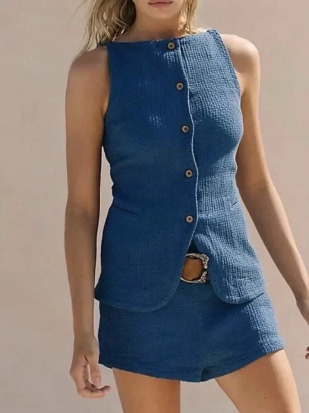 Free People Blue Textured Button Front Shorts Set